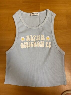 Alpha Omicron Pi AOII Light Blue Cropped Medium Ribbed Tank Top with daisies